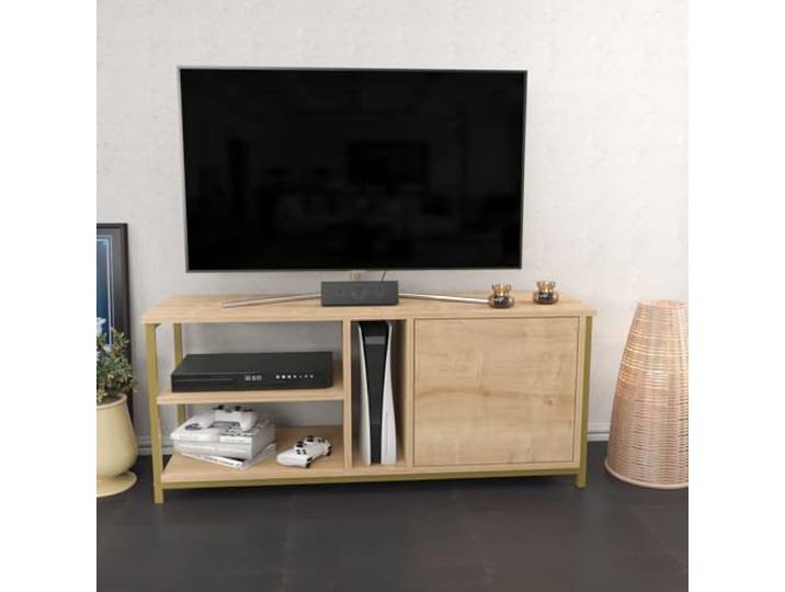 Hanah Home Glamorous TV Stand, Gold & Oak, 120 x 35.3 x 50.8 cm 100% Melamine Coated Particle Board, 18 mm Thick Stylish & Functional for Modern Living Rooms