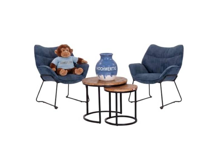 MR. DEKO Sessel Wohnzimmer 3-teiliges Set Aliano + Beistelltisch Fermo 2x Loungesessel blau 1x Beistelltisch-Set aus Mangoholz Industrie-Chic
