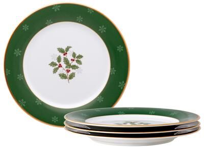 "Noritake Holly & Berry Gold Set of 4 Accent Plates, 9"""