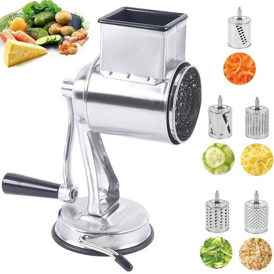 RVS handmatige groenteschaaf en slicer met hendel en meerdere messen, zilver