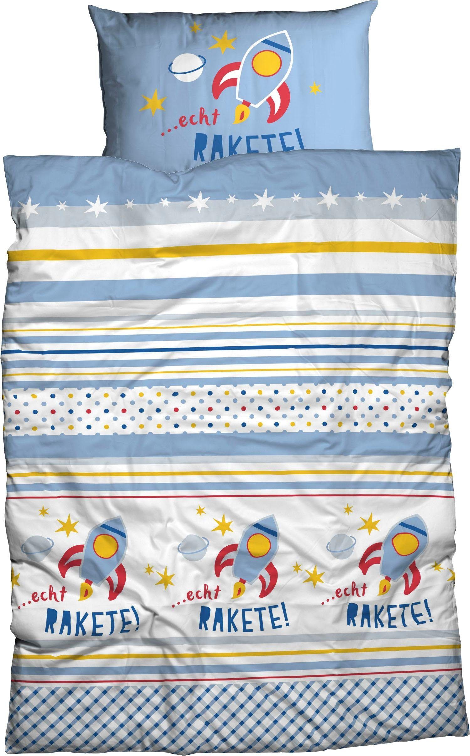 Kinderbettwäsche ADELHEID "Echt Rakete", blau (hellblau), B/L: 100cm x 135cm, 1 Stk., 1 Stk., Renforcé, B/L: 40cm x 65cm, Renforcé, Obermaterial: 100% Baumwolle, Bettwäsche, Kinderbettwäsche, abgepasstes Kissen mit Rakete hellblau B/L: 100cm x 135cm, 1 St