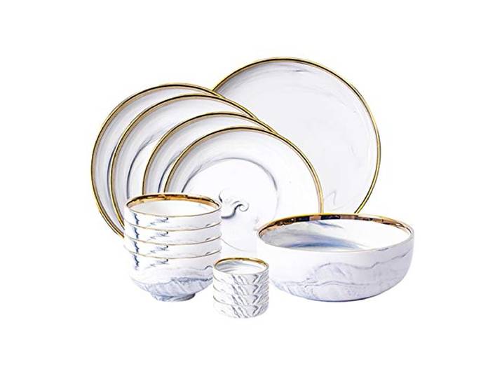Speiseteller 14-teiliges Küchengeschirr-Set, marmorierter Teller mit Goldrand (tiefer Teller, flacher Teller), elegantes Keramikteller-Set und Geschirr-Set, Service for 4 Personen Flachteller