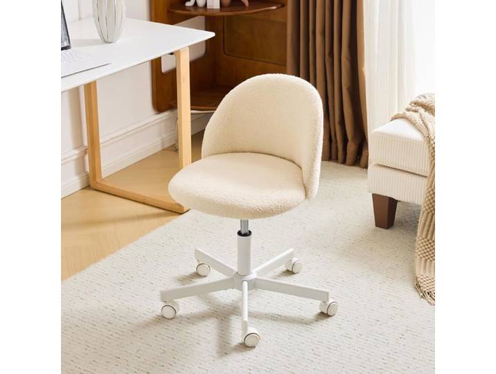 VINGLI Chaise de Bureau sans Accoudoir Chaise de Maquillage Chaise Pivotante à Roulettes Fauteuil Réglable Teddy Beige