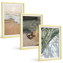 BILDER SET 3er Set - 40x60 cm Goldrahmen - Strandhut und Sonnenbrille