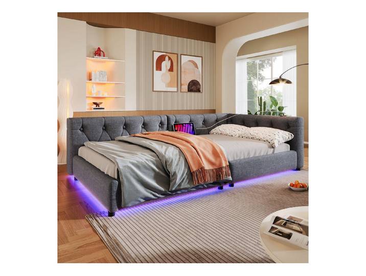 Ulife Schlafsofa Daybett 90x200 mit LED, USB-C & Tufting-Kopfteil (Leinen), Grau