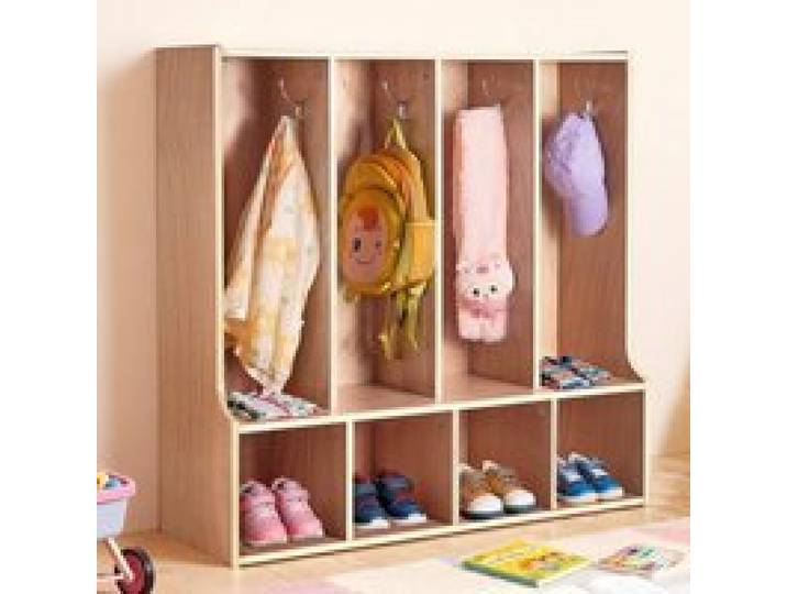 VEVOR Vestiaire 4 Enfants Ouvert, Penderie pour Enfants en Bois, Rangement pour Crèche Maternelle Garderie Maison, Meuble d'Accueil Scolaire avec Casiers à Manteaux et à Chaussures, 8 Crochets