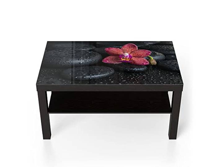 DEQORI Glastisch schwarz groß 90x50 cm Motiv Blüte und Steine benetzt ausgefallener Beistelltisch aus Glas Hochglanz Couchtisch fürs Wohnzimmer moderner Couch Tisch mit Design
