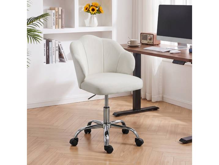 HOMCOM Chaise Bureau Velours Pétale Hauteur Réglable Crème