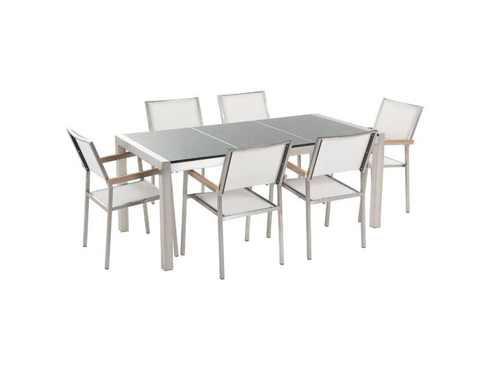 GARTENMÖBEL SET 6-Sitzer grau Granit poliert Textilbespannung weiß Grosseto