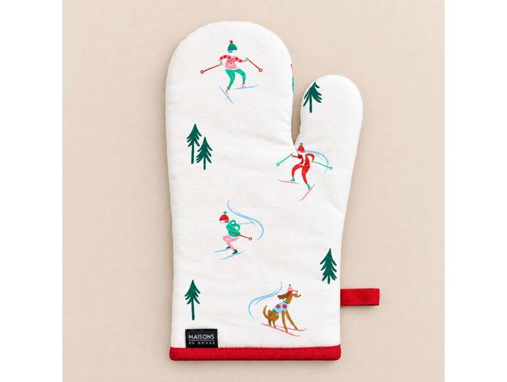 Ofenhandschuh mit mehrfarbigen Skifahrer- und Tannenbaummotiven, 19 x 33 cm
