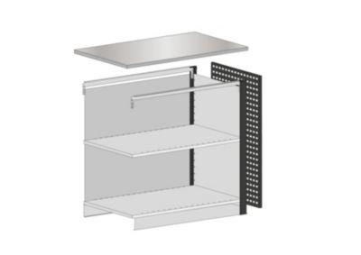 Schulte Lagertechnik Endmodul für erweiterbares Thekensystem MULTIplus, 1 Modulrahmen, 1 Abschlussblende, Breite Aufsatz 806 mm, mit Arbeitsplatte