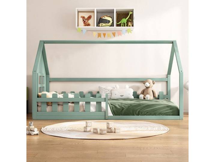 Lit enfant cabane - 90x200 cm - Vert - Pin et MDF - Design maison ludique