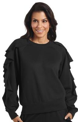 Masseys Raw Hem Ruffle Long Sleeve (Women's) Casual in Black, Size 5X, Poly + Cotton