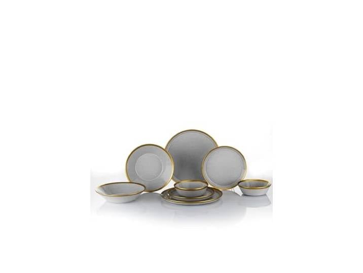 Elegantes 16-teiliges Speiseservice, 100% Porzellan, Grau & Gold Inklusive Servierteller, Schüsseln und Becher Perfekt für stilvolle Esserlebnisse