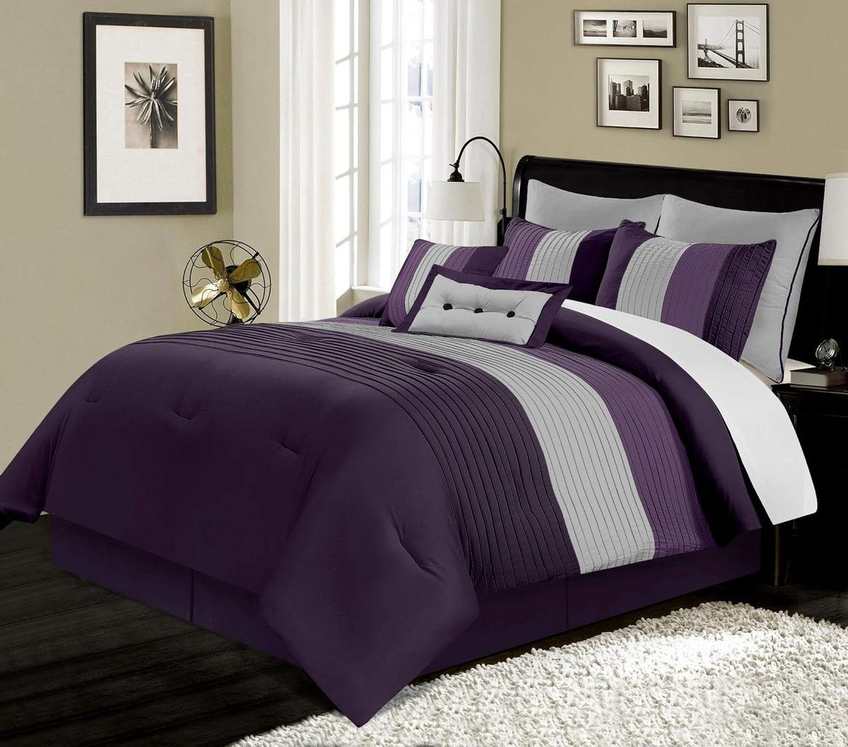 8-delig Dekbedovertrekset California King - Luxe Gestreepte Stijl - Paars Grijs Lavendel
