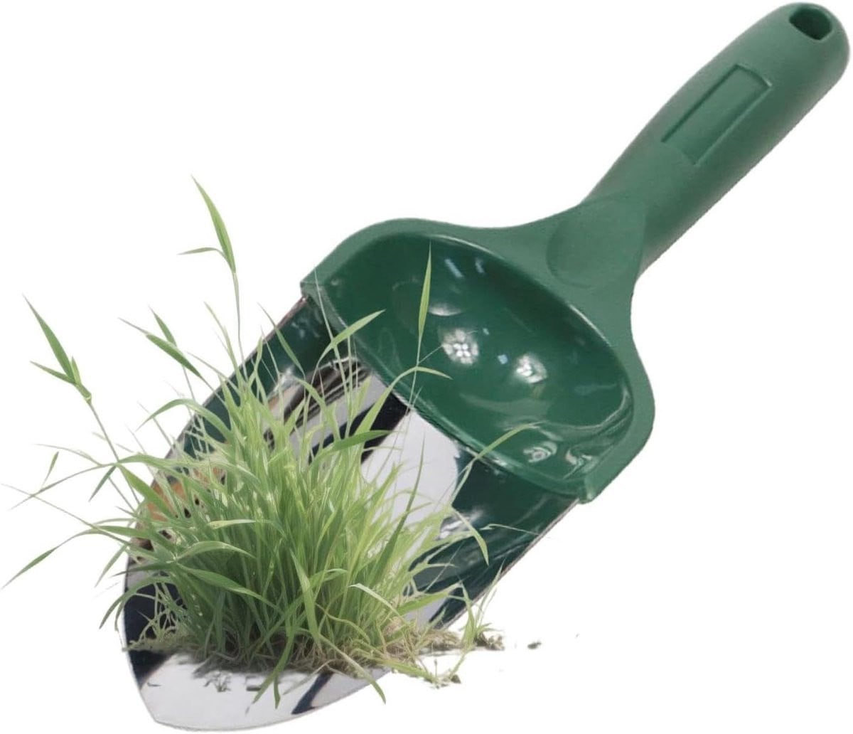 Groene handtuinschep van roestvast staal voor tuinieren en grondbewerking, 30 cm lang