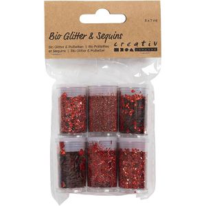 Creativ-Company Glitzer 284633 Bio Sparkles & Pailletten, rot, 6 verschiedene Formen je 8g, in Dose