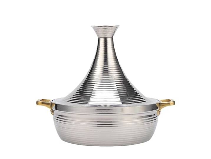 Yiustldd Edelstahl-Tajine-Topf mit kegelförmigem, geschlossenem Deckel, Antihaft-Slow-Cooker-Pfanne mit 2 Griffen für Induktionskochfeld und Gasherd,Silber,24cm