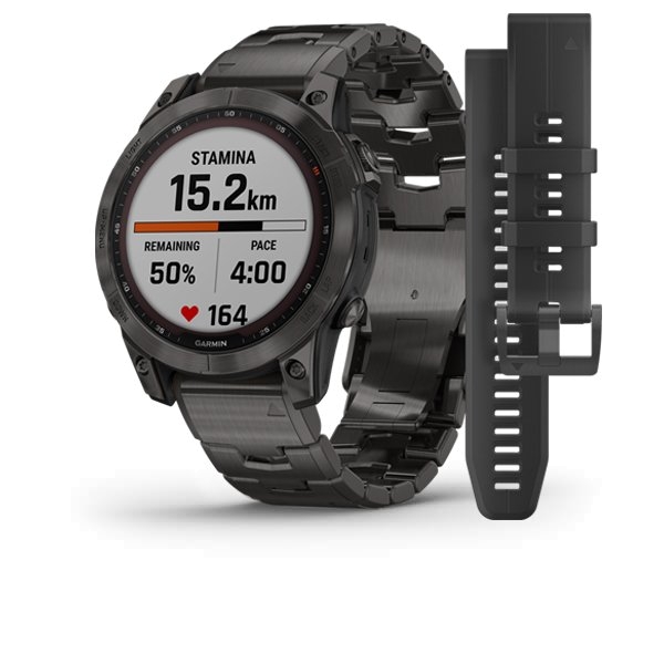 Garmin Fenix 7 Sapphire Solar Schiefergraues DLC-Titan mit schiefergrauem Armband aus DLC-Titan mit Schlitz