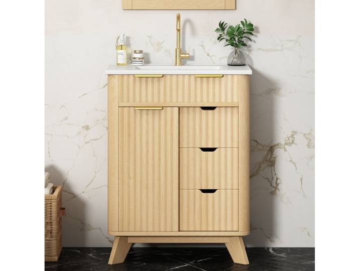 ROVRYN Meuble sous vasque 61 cm avec vasque en céramique 3 tiroirs porte coulissante décor bois naturel