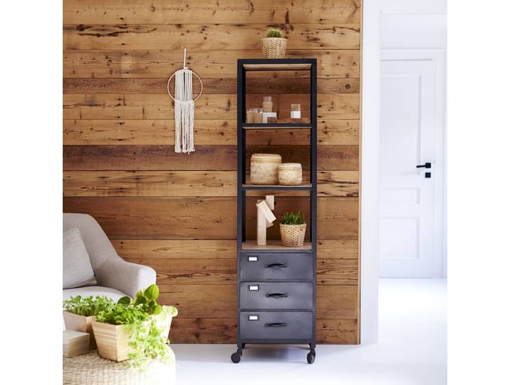 Hochschrank auf Rollen im industriellen Stil mit Mangoholz und Metall 170 cm - Schwarz