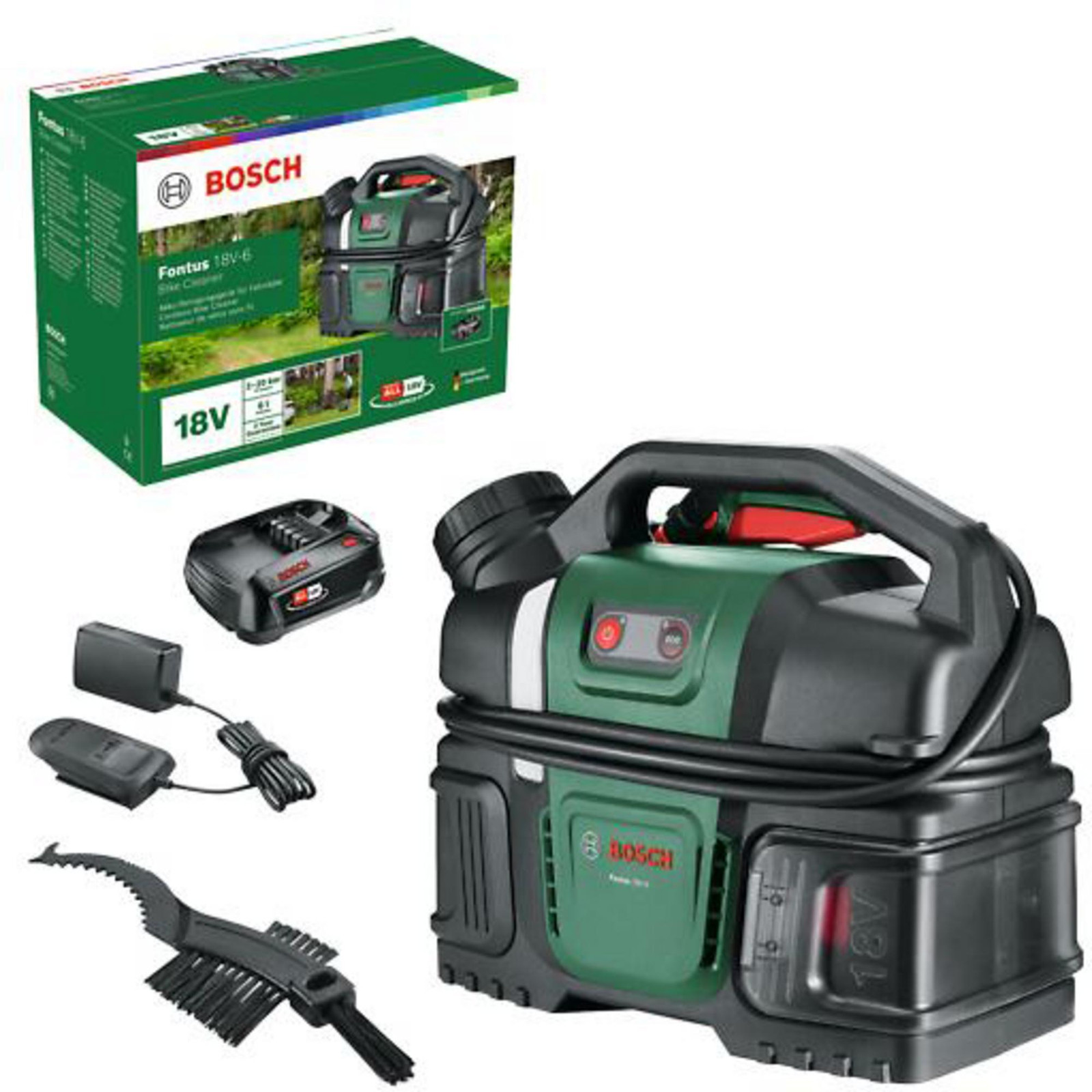 Bosch Fontus 18V-6 Accu hogedrukkers voor fietsen inclusief 18V 2.0Ah accu, AL1820 oplader en 6L tank