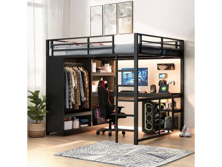 Lit mezzanine métal 160x200 cm avec LED bureau dressing ouvert et niches