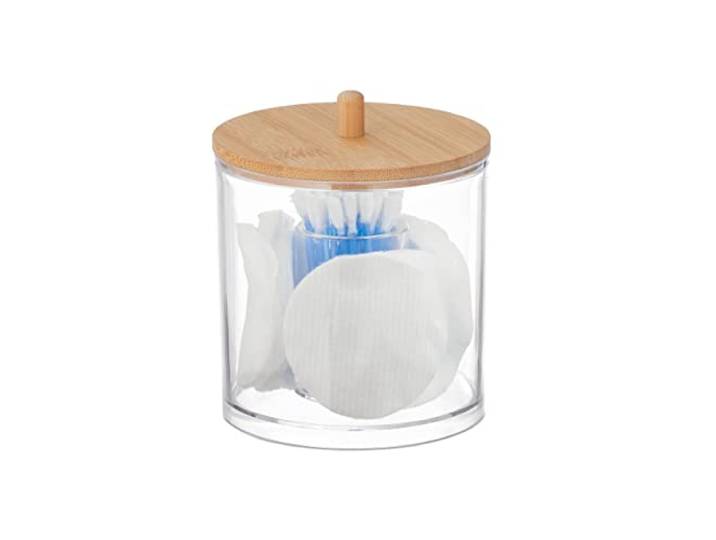 Relaxdays Rangement disques de Coton et Coton-tiges\, Plastique\, Couvercle en Bambou\, Organiseur\, Transparent & Nature