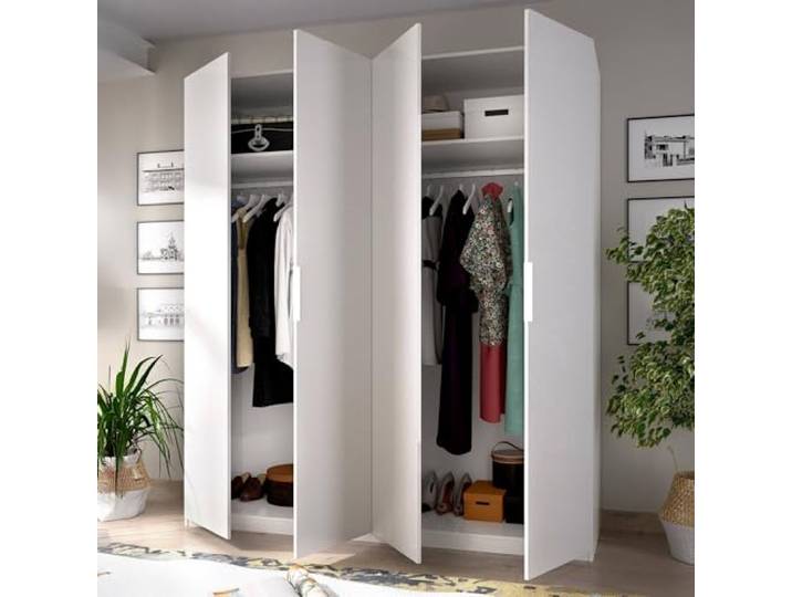 Dmora Grande Prado Kleiderschrank, Kleiderschrank für Schlafzimmer, Schrank mit 4 Flügeltüren, 180 x 52 x 204 cm, Weiß, Melaminplatte 16 mm