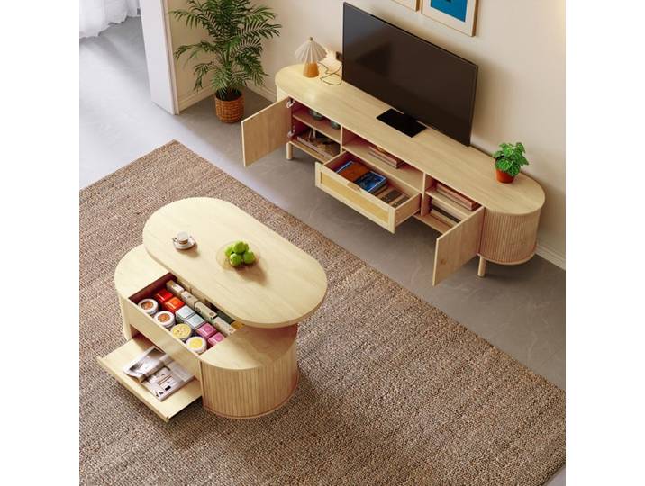 LPOSPI Ensemble meubles de salon – meuble tv et table basse avec rangement et bords arrondis mdf et métal couleur bois