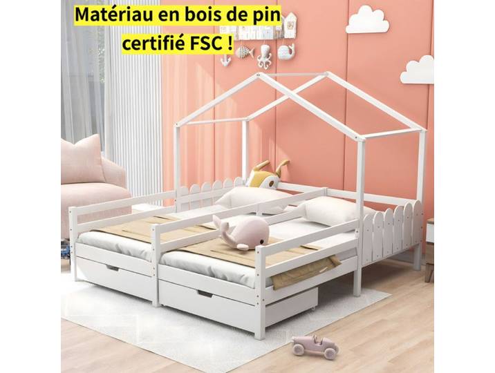 Lit double enfant - Lit maison - 200x90 cm - Pin massif - Tiroirs roulants