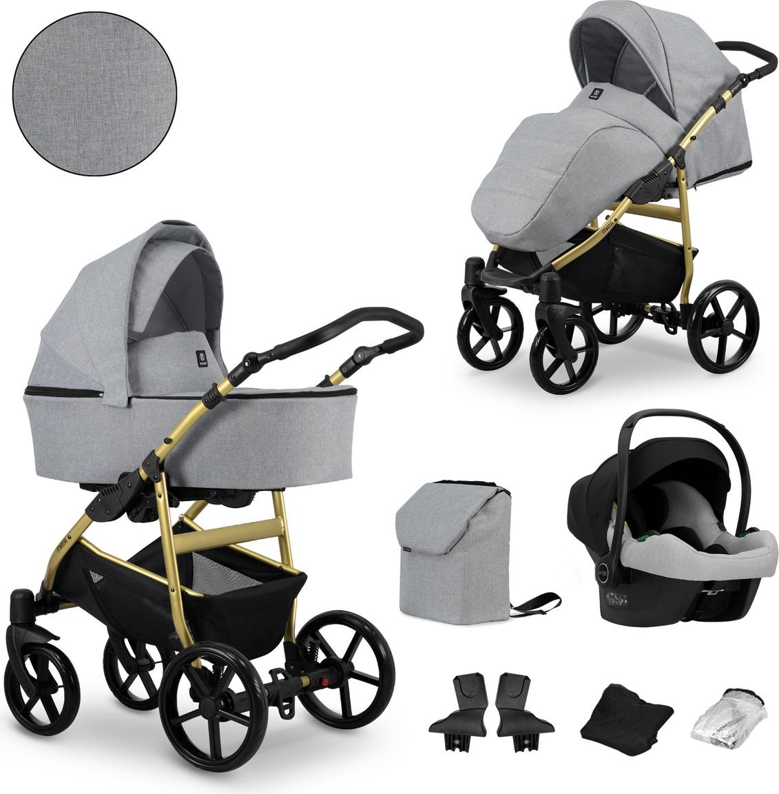 Kunert MATA 3in1 Kinderwagen in Grau mit Goldrahmen - sicherer und komfortabler Kinderwagen für jede Entwicklungsphase
