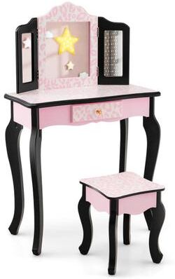 Costway Kid Vanity Set with Tri-Folding Mirror and Leopard Print-Pink