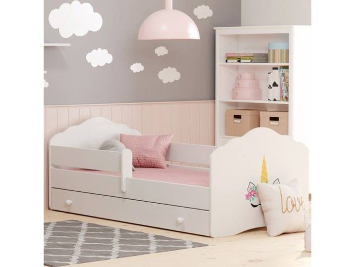 Lit enfant FALA 140x70 avec barrière matelas sommier et tiroir avec motif licorne