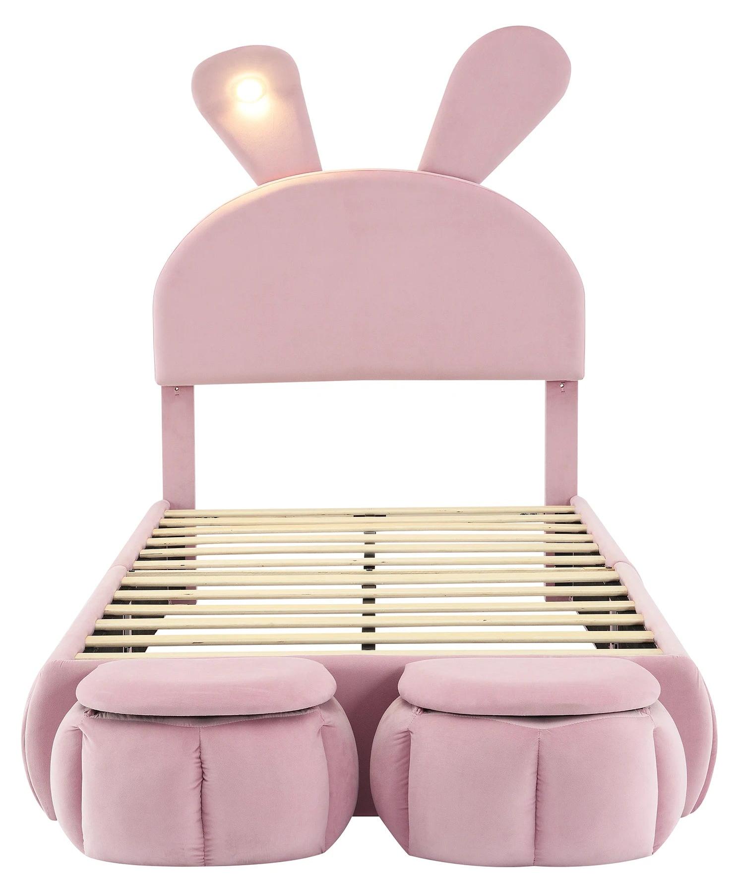 Kinderbett - Einzelbett - Jugendbett - Schlafsofa - Kinderbett mit Schubladen - Rosa mit Hasenohren