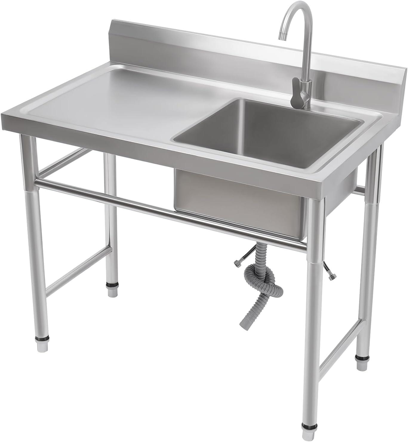 Edelstahl Spültisch 100 cm mit Blende, Küchenspüle mit Unterschrank, freistehendes Spülbecken mit Warm- und Kaltwasserhahn, Ablauf-Schlauch, Spülbecken (Rechts)