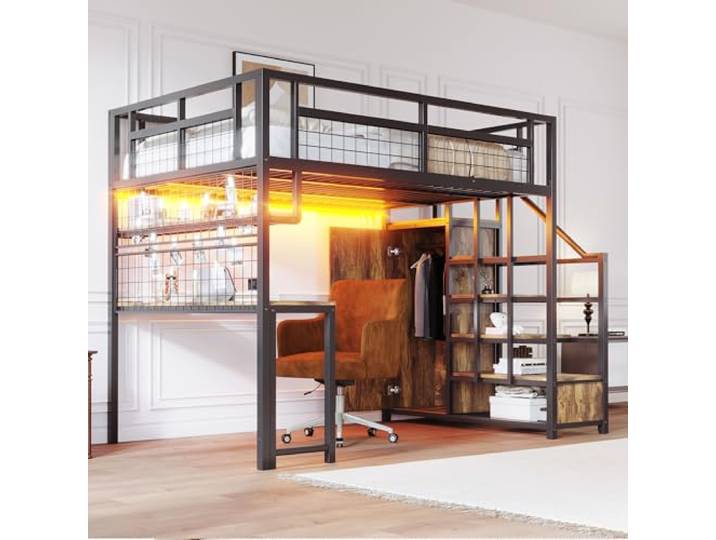 Merax Hochbett 140 x 200 cm Metall mit Schrank und Schreibtisch Multifunktionales Etagenbett mit Aufbewahrungsleiter Schwarz (ohne Matratze)