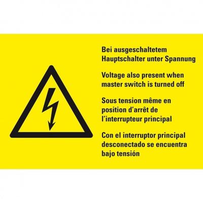Aufkleber I Warn-Kombischild Bei ausgesch. Hauptschalter..., 4-spr., Folie, selbstklebend, 300x200mm