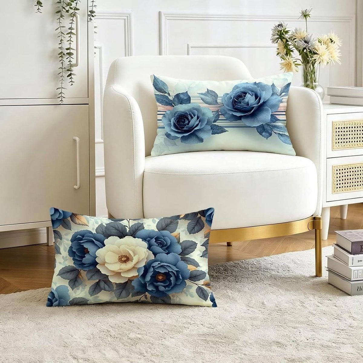 Set van blauwe waterdichte linnen kussenhoezen voor buiten decoratie, 40 x 80 cm