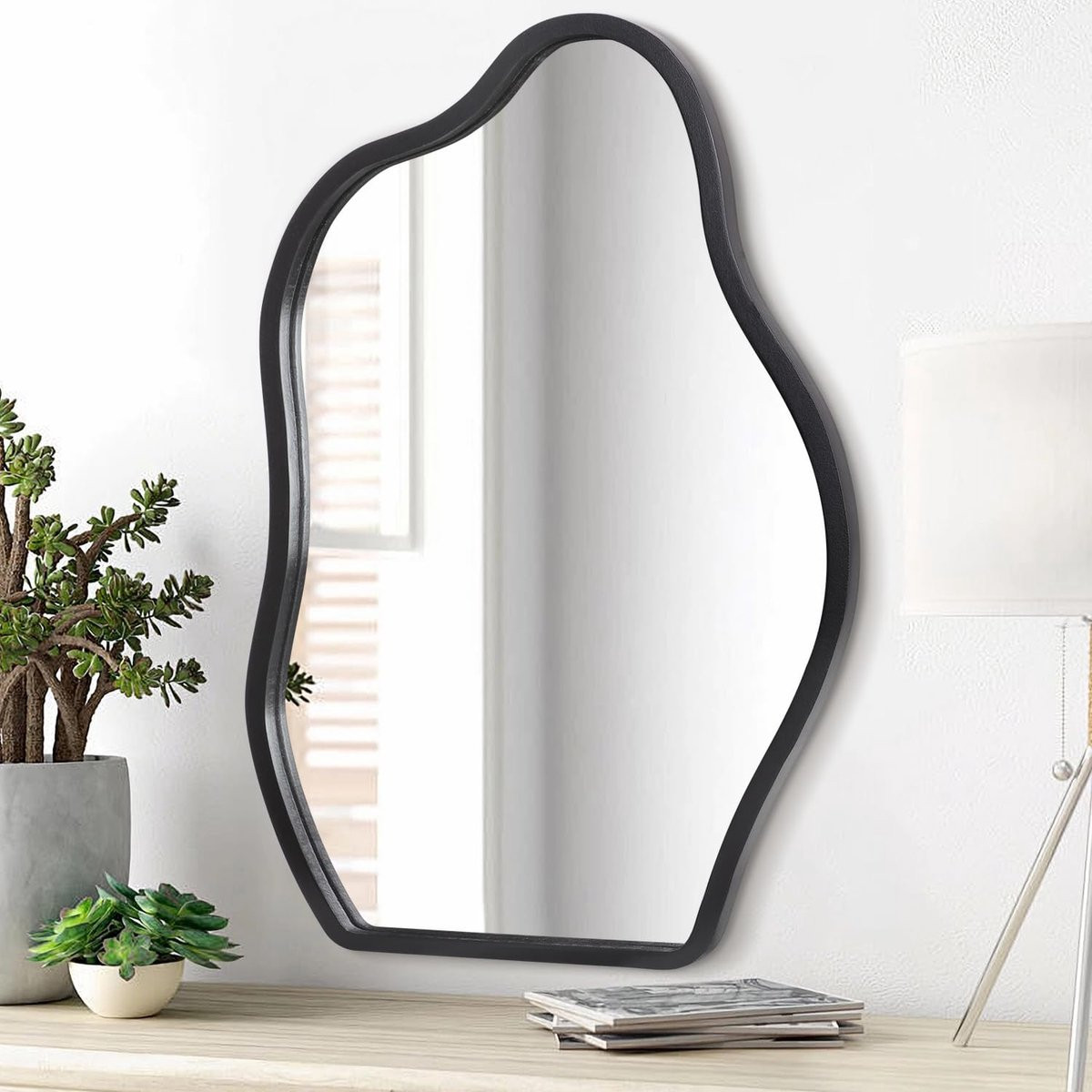 SnelShoppen Asymmetrische Wandspiegel met Zwart Houten Frame - Moderne Organische Hangende Spiegel