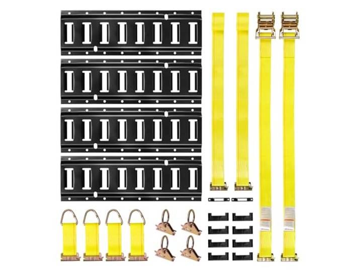 VEVOR Kit Rails Arrimage E-Track\, 4 Rails E Track 0\,4 m\, 21 Accessoires Dont 2 Sangles à Cliquet\, 4 Joints Toriques\, 4 Attaches à Anneau D\, 2 Fentes Simples\, 8 Embouts\, Sac\, pour Fourgons Remorques