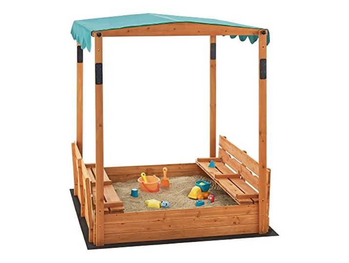 [en.casa] Sandkasten Kellenhusen mit höhenverstellbarem Dach 145 x 118 x 118 cm Sandkiste mit Abdeckung Sandbox mit 2 klappbaren Sitzbänken und Bodenfolie Tannenholz Natur