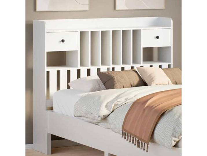 Bett Kopfteil mit Schubladen und Einlegeböden, weiß 135 cm, Kiefer massiv, freistehend mit 6 Fächern und 2 Schubladen, platzsparend im Schlafzimmer.