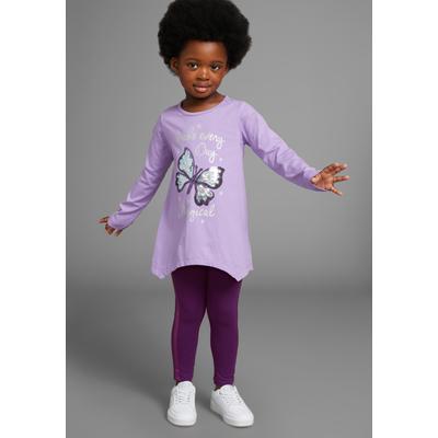 Langarmshirt & Leggings KIDSWORLD "2tlg. Set Shirt + Leggings mit Glitzerdetails", Mädchen, Gr. 104/110, lila (lila, dk lila), Jersey, Obermaterial: 100% Baumwolle. Unterteil: 95% Baumwolle, 5% Elasthan, bedruckt, KOB Set-Artikel, niedlicher...
