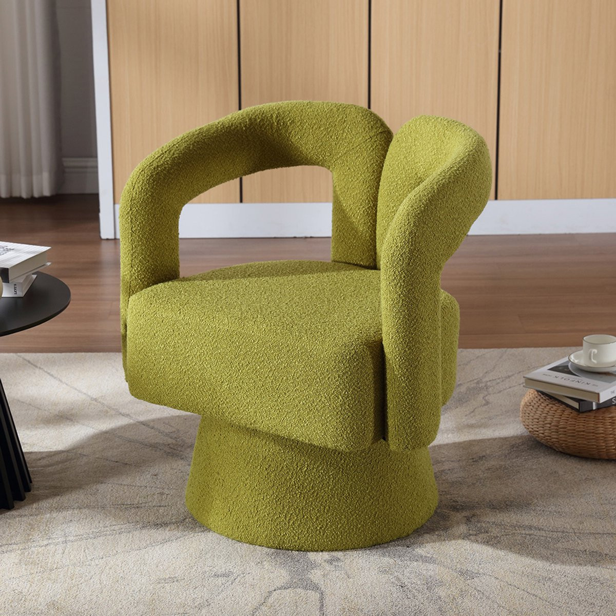 BLACKCOLORS Comfortabele draaibare bijzetstoel, ronde loungefauteuil met brede vulling, olijfgroen