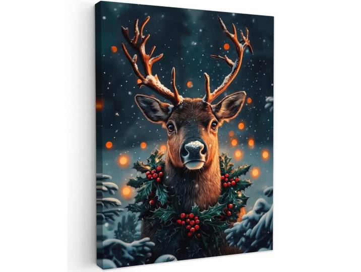 MuchoWow Leinwandbild - Hirsch - Weihnachten - Winter - Schnee - Weihnachtskranz - 60x80 - Gemälde, Dunkelbraun, Textil, Kiefer, Abstrakt, Rechteckig, 60x80 cm, gerahmt, Bilder & Rahmen, Bilder, Wandbilder