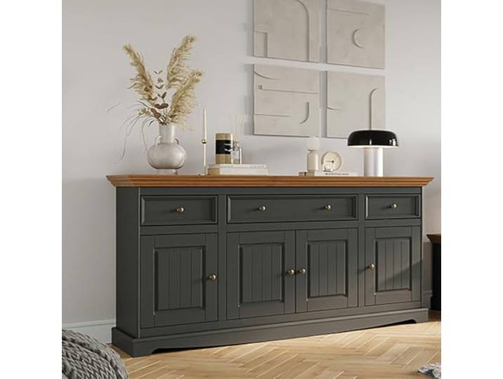 Lomadox Wohnzimmer Esszimmer Sideboard 167cm Anrichte, Massivholz in grau mit Eiche Optik