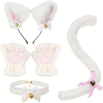 Uplifted Goods Adorable Cat Paw Gloves And Ear Headwear Set For Cute Winter Style white 5pcs Set