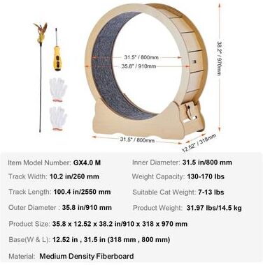 Inspired Finds ActivePaws Wooden Cat Exercise Wheel Indoor Cat Treadmill With Detachable Carpet & Cat Teaser 35.8inch