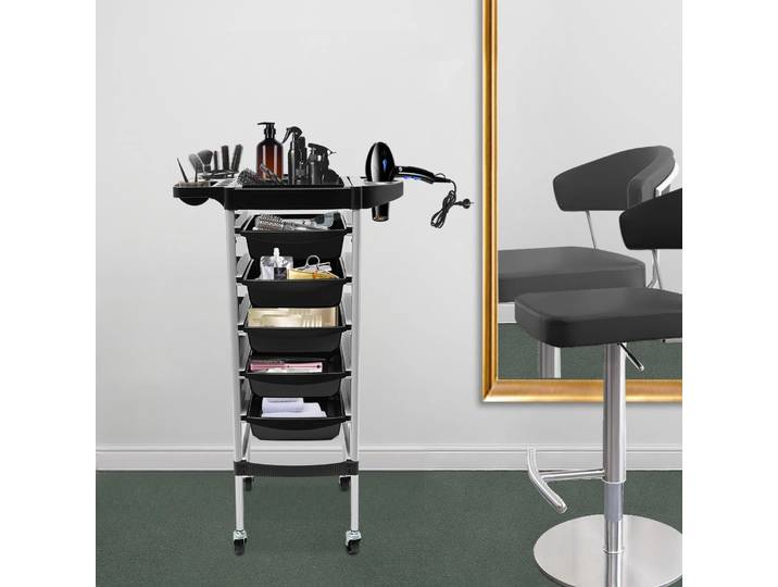 Chariot de coiffure W 5 tiroirs et roulettes, chariot de travail, chariot de coiffure pour styliste, coiffeur, spa coiffant (argent)